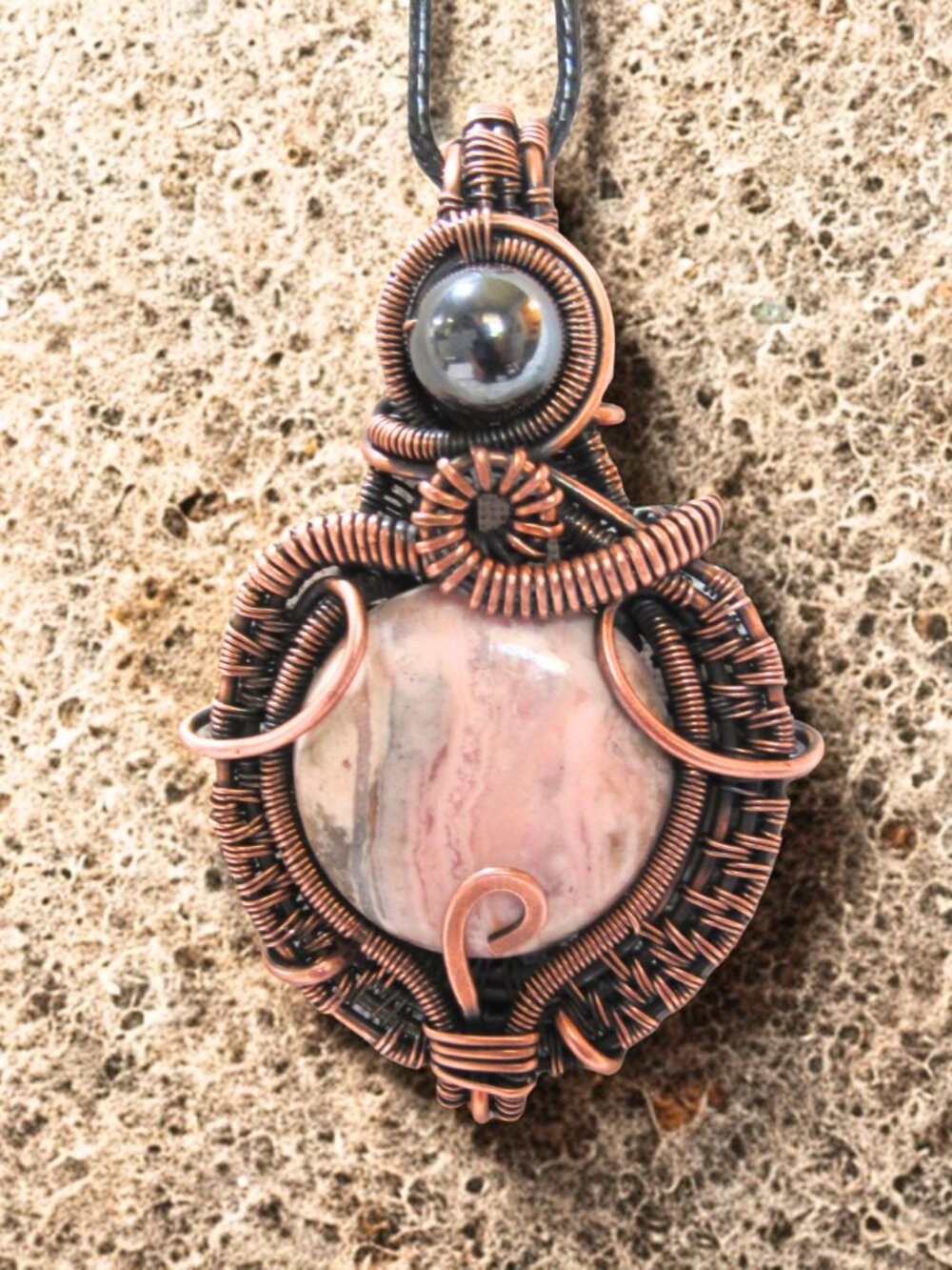 Handmade Rhodonite & Hematite Copper Wire Wrapped Pendant - Picture 2 of 4